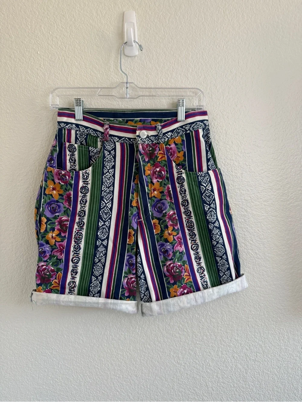 Vintage Striped Floral High-Rise Women’s Long Jean Shorts by Josh Wear